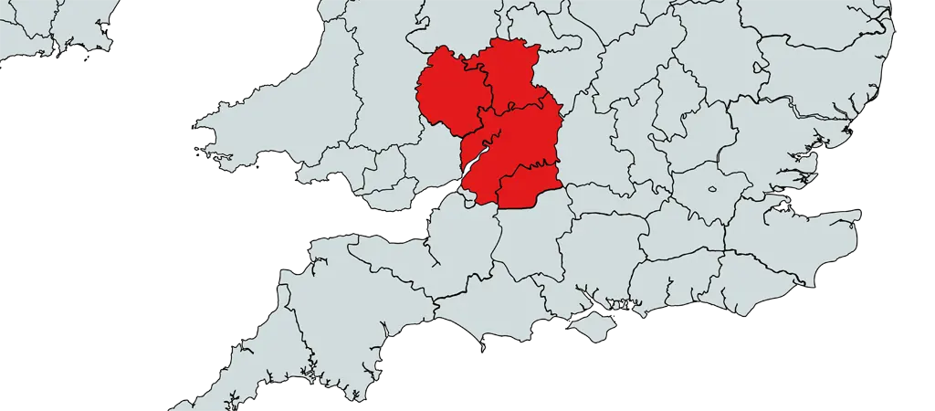 A map showing the counties covered by Severn Freewheelers